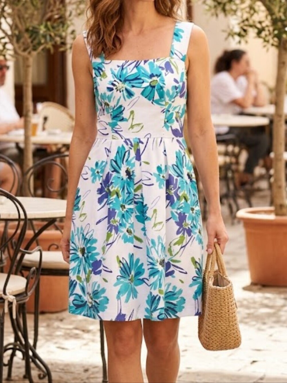 Perceptions Blue Teal And White Floral Cotton Sundress 4P Zip Closure Tank Style